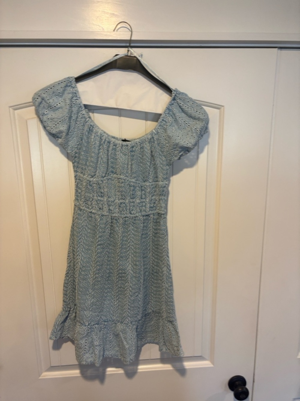 Smocked Waist Light Blue Eyelet Mini Dress with Puff Sleeves